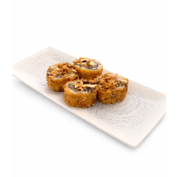 Uramaki tempura langostino, mayonesa, aguacate, cebolla frita