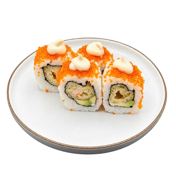 Uramaki california tobiko(tempura gamba,aguacate,tobiko)