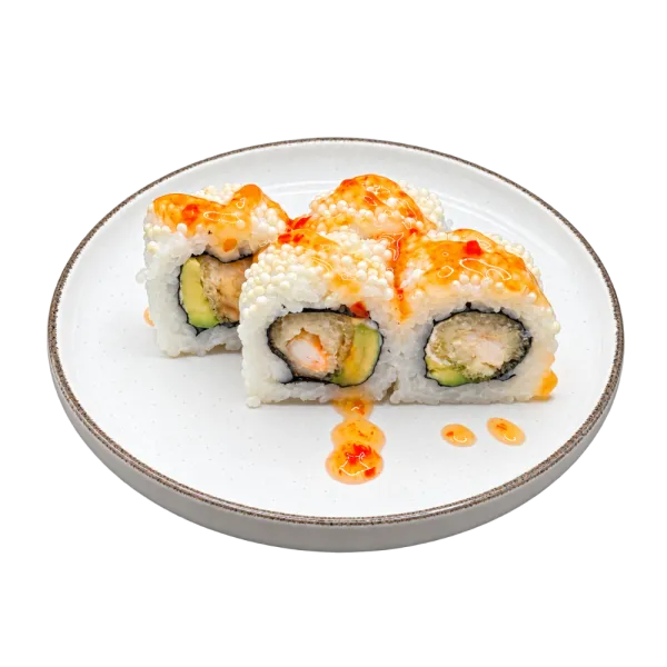 Uramaki mayonesa tempura langostino aguacate