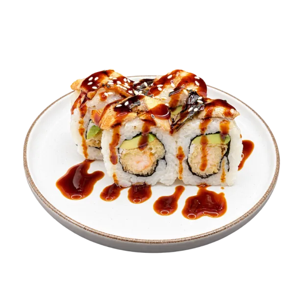 Uramaki mayonesa tempura langostino,aguacate,anguila