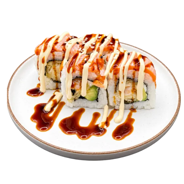 Uramaki mayonesa tempura langostino, aguacate, salmón flambeado
