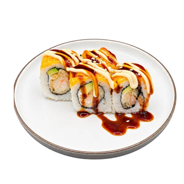 Uramaki california mayonesa tempura gamba,aguacate y queso