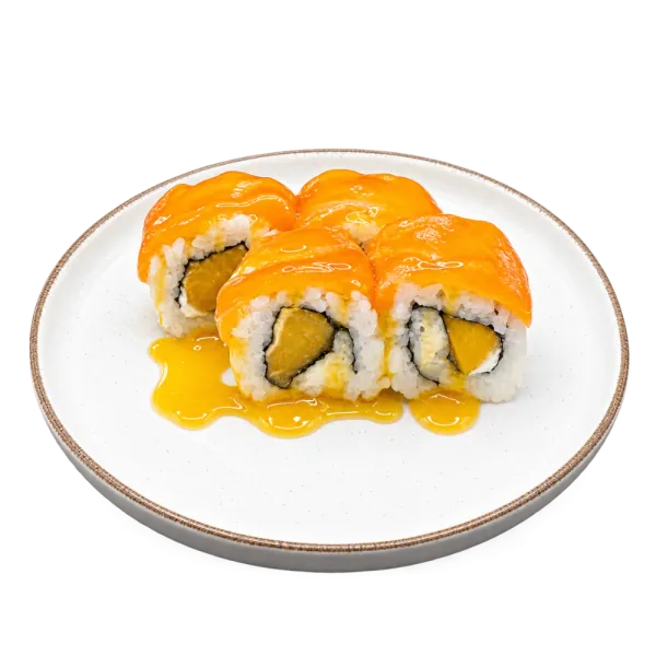 Uramaki queso, melocotón, salmón