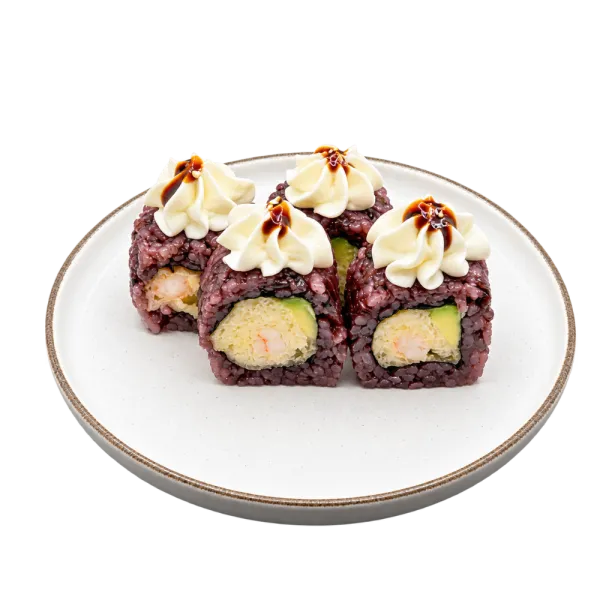 Uramaki queso tempura langostino, aguacate, arroz venere