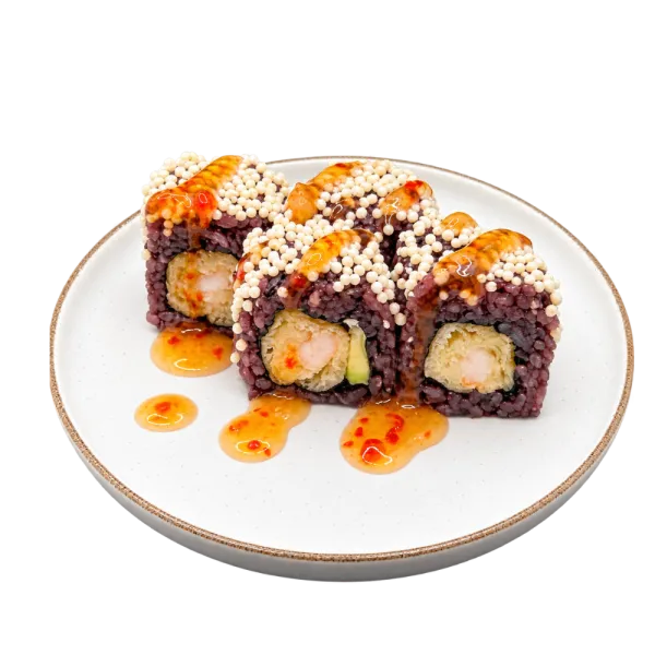 Uramaki queso, tempura langostino, aguacate arroz venere