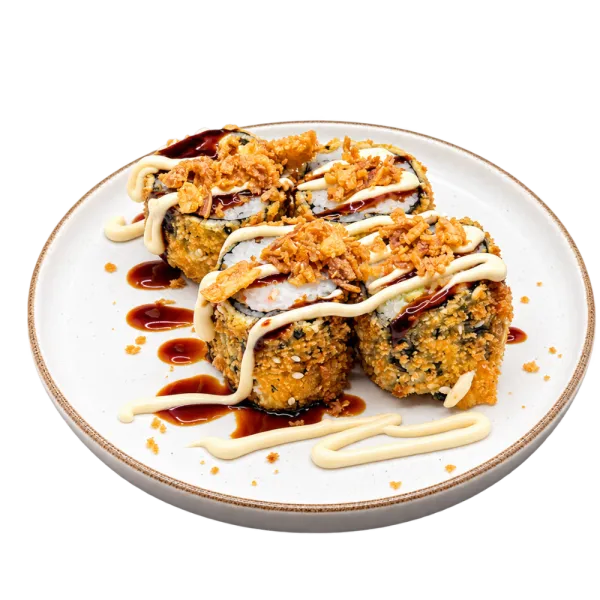 Maki frito queso,salmón, aguacate, cebolla